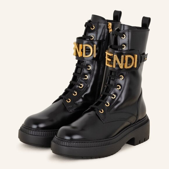 FENDI Fendigraphy Graphy Signature Logo Cuff Leather Biker Combat Boots - Picture 3 of 16